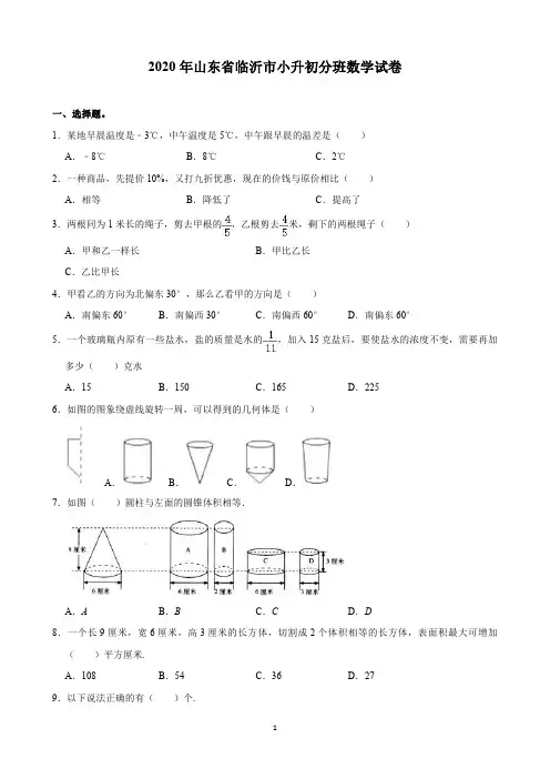 2020年山东省临沂市小升初分班数学试卷(含解析)印刷版