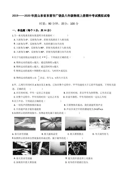 2019——2020学年山东省东营市广饶县八年级物理上册期中考试模拟试卷