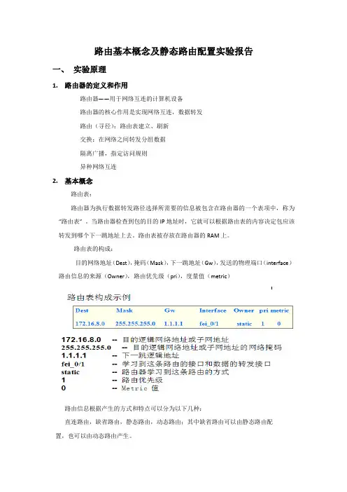 路由基本概念及静态路由配置实验报告