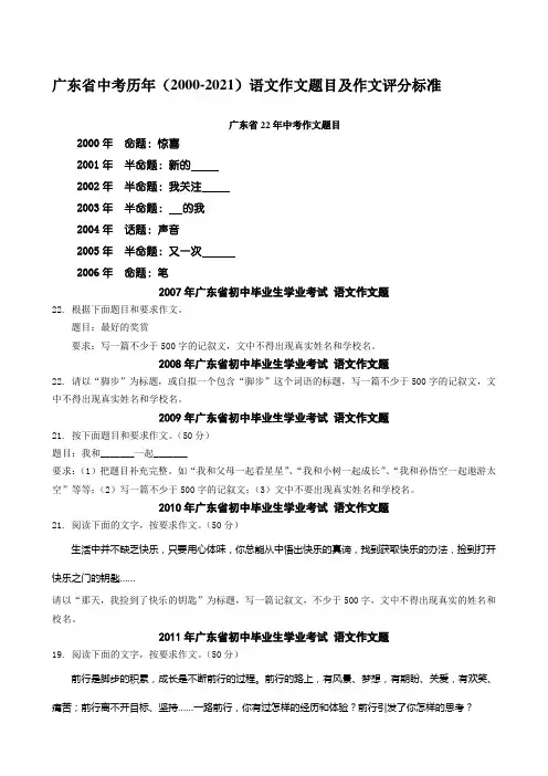广东省中考语文历年(2000-2021)作文题目