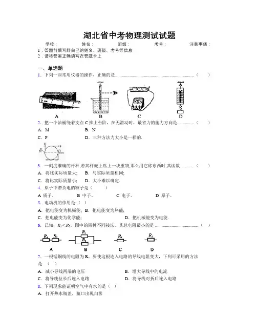 湖北省中考物理测试试题附解析