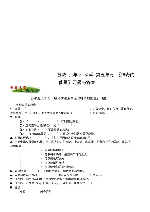 苏教-六年下-科学-第五单元《神奇的能量》习题与答案