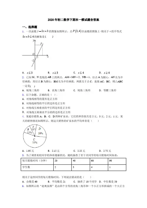 2020年初二数学下期末一模试题含答案