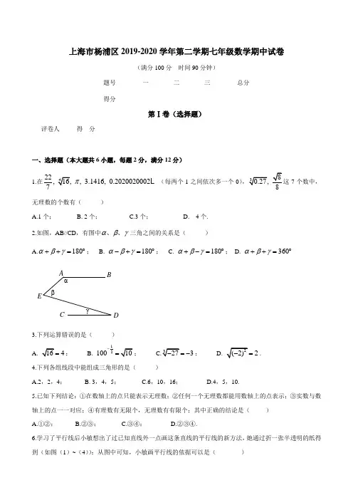 上海市杨浦区2020数学期中试卷(二)(原卷版)