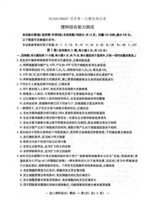 江西省南昌市2019届高三第一次模拟考试理科综合能力测试(有答案)