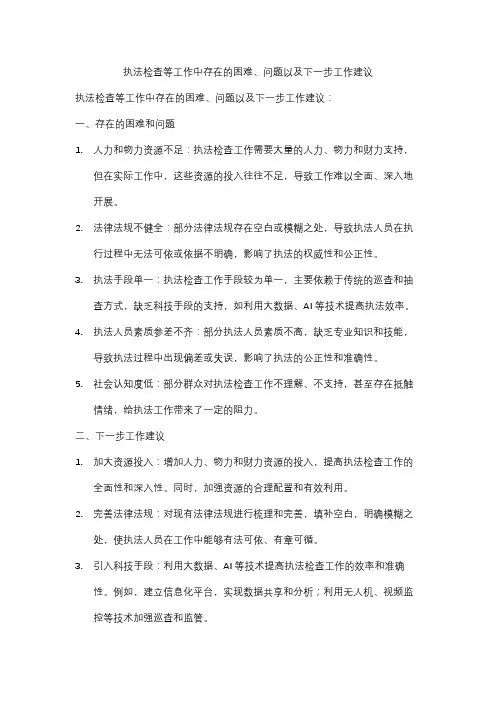 执法检查等工作中存在的困难、问题以及下一步工作建议