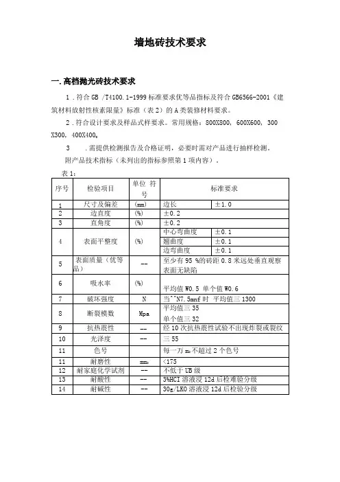 室内装饰装修工程墙地砖技术要求