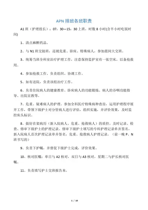 APN排班各班职责