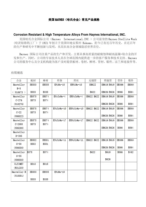 美国HAYNES(哈氏合金)常见牌号