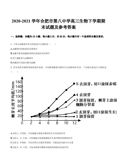 2020-2021学年合肥市第八中学高三生物下学期期末试题及参考答案