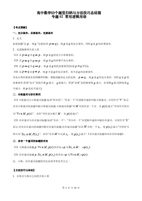 专题02 常用逻辑用语(学生版)高中数学53个题型归纳与方法技巧总结篇