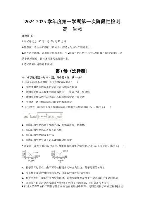 高一生物试题与解析-西安市部分学校联考2024-2025学年高一上学期10月月考+生物