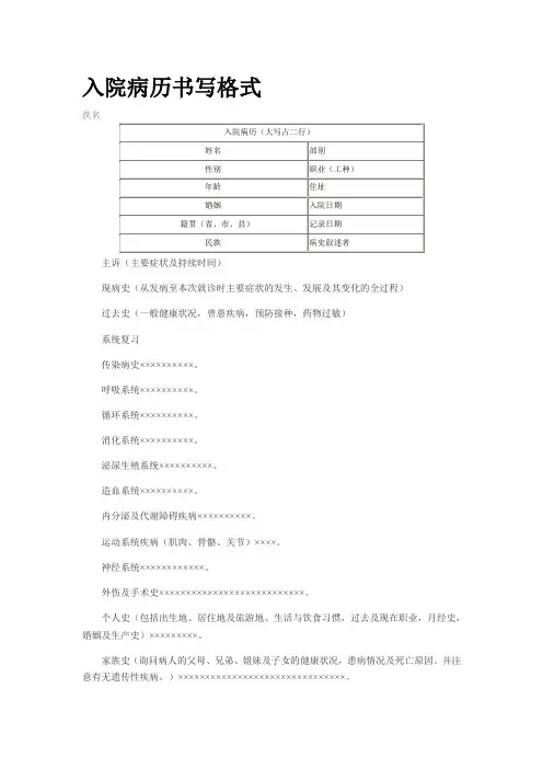 入院病例书写格式