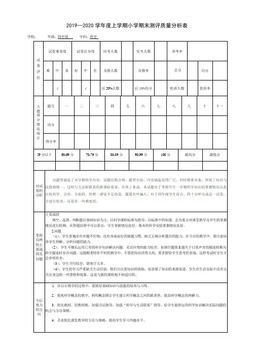 2019-2020学年度上学期期末考试质量分析样表(四年级科学)