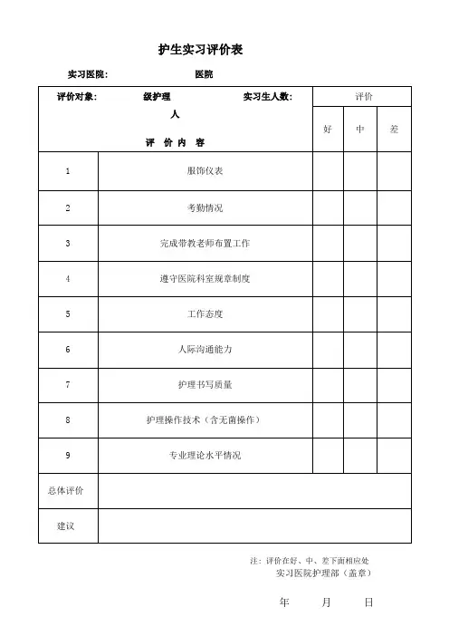 护生实习评价表