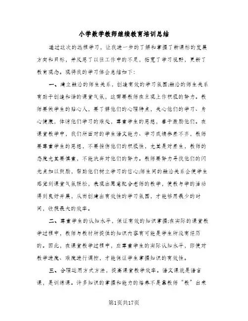 2024年小学数学教师继续教育培训总结(7篇)