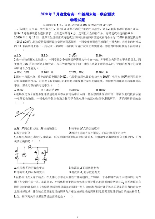 湖北省2019-2020学年高一下学期期末考试 物理试题(含解析)
