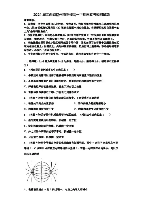 2024届江西省赣州市物理高一下期末联考模拟试题含解析