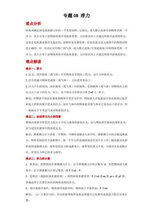 备战2022年中考二轮物理重难点复习指导(全国通用)专题08浮力(原卷版+解析版)