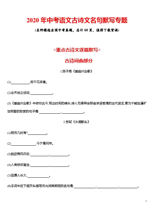 2020年中考语文古诗文名句默写专题(完整版)