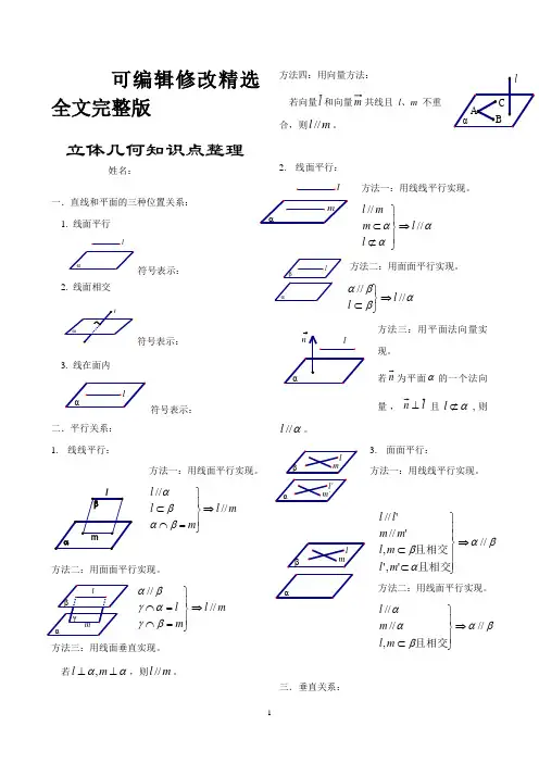 高中立体几何基础知识点全集精选全文完整版