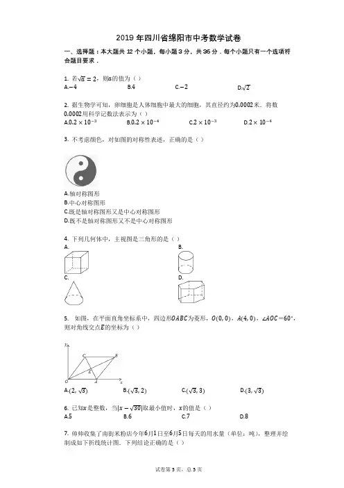 2019年四川省绵阳市中考数学试卷
