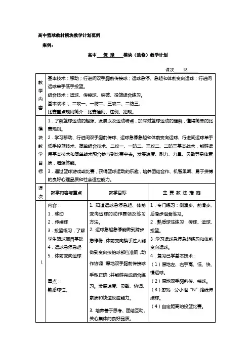 高中篮球教材模块教学计划范例