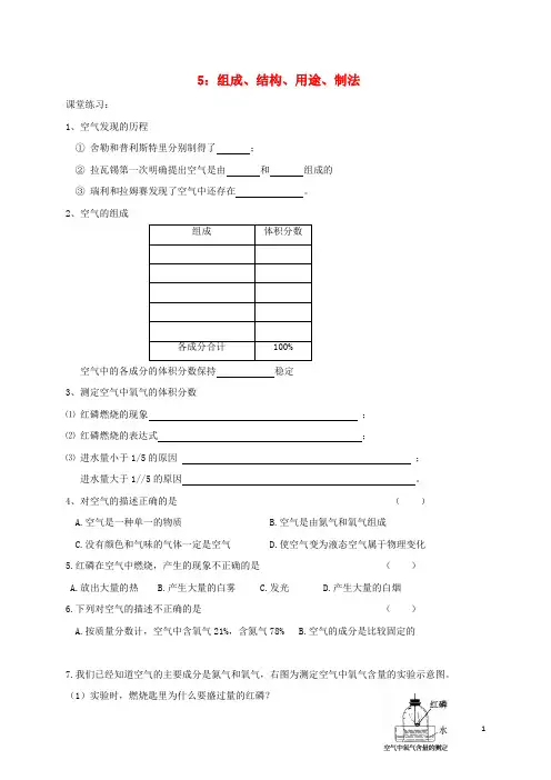 路南区六中周城集镇九年级化学上册 第一章 开启化学之门练习5组成、结构、用途、制法无答案 沪教版