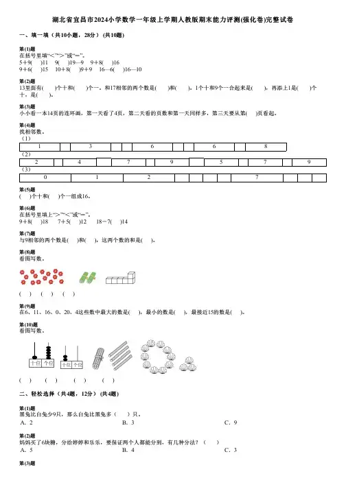 湖北省宜昌市2024小学数学一年级上学期人教版期末能力评测(强化卷)完整试卷