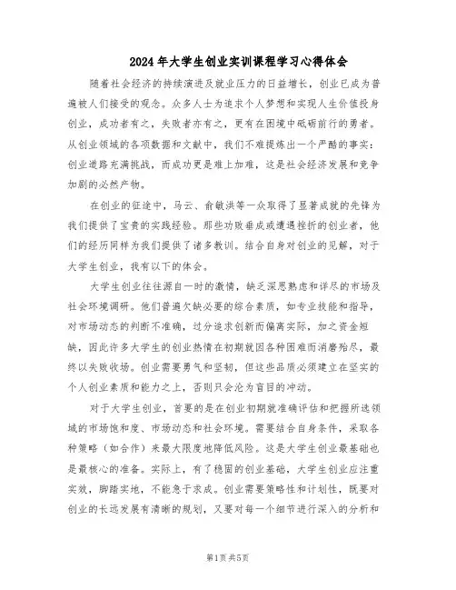 2024年大学生创业实训课程学习心得体会(3篇)