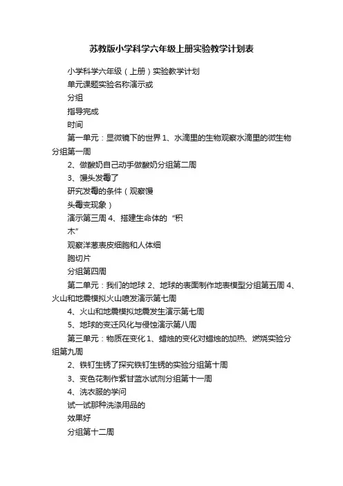 苏教版小学科学六年级上册实验教学计划表