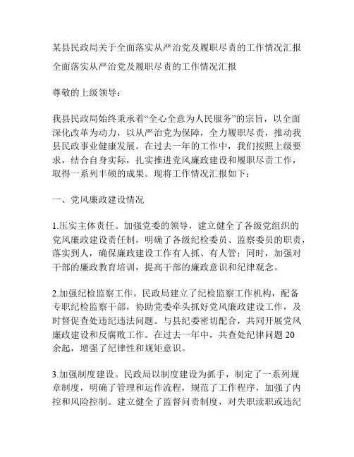 某县民政局关于全面落实从严治党及履职尽责的工作情况汇报