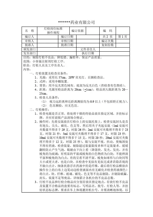 小容量注射剂灯检岗位标准操作规程