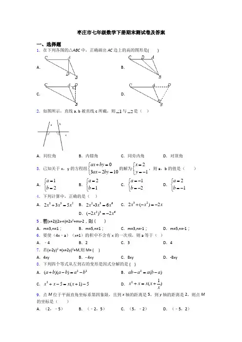 枣庄市七年级数学下册期末测试卷及答案