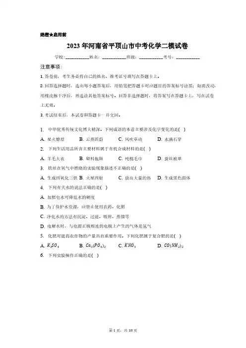 2023年河南省平顶山市中考化学二模试卷(word  含解析)
