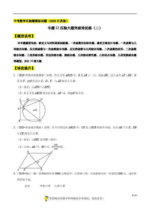 中考数学压轴题模拟试题(2020江苏版)专题12 压轴大题突破培优练2