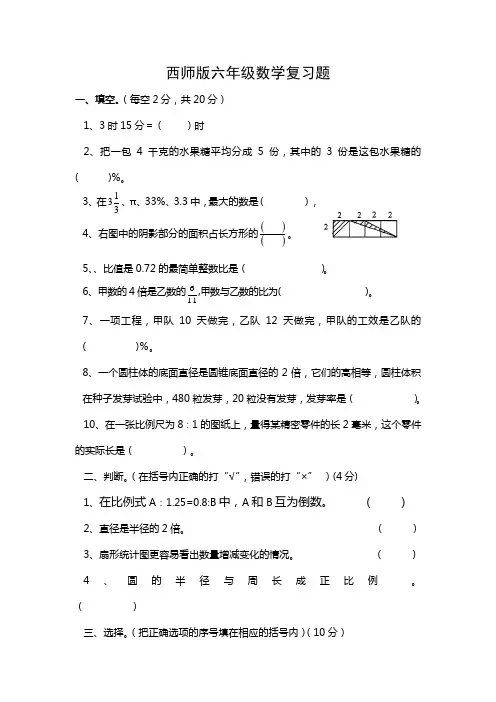 西师版六年级数学复习题