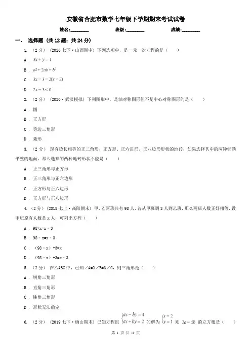 安徽省合肥市数学七年级下学期期末考试试卷