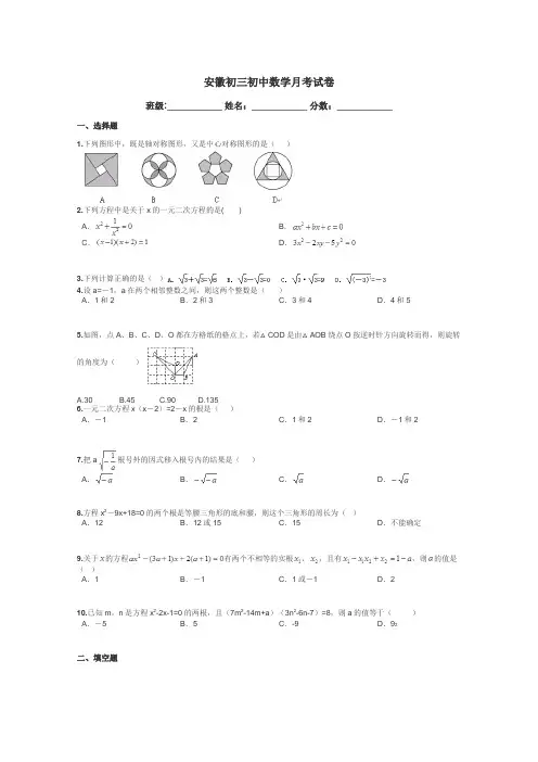 安徽初三初中数学月考试卷带答案解析
