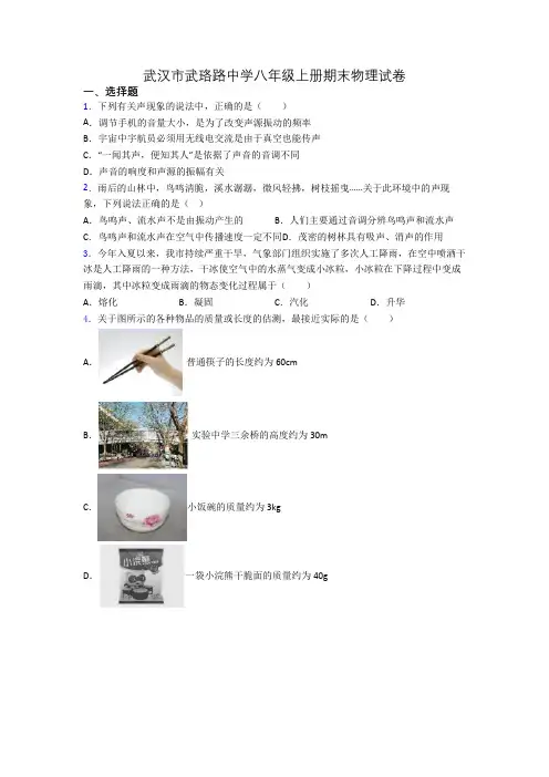 武汉市武珞路中学八年级上册期末物理试卷