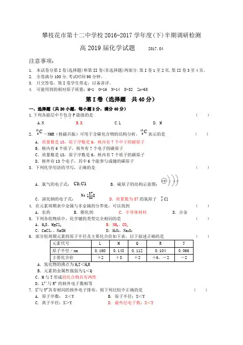 四川省攀枝花市第十二中学2016-2017学年高一下学期半期调研检测化学试题