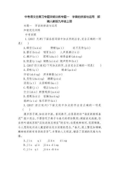 中考语文总复习专题突破训练专题一 字音的拼读与运用  部编人教版九年级上册