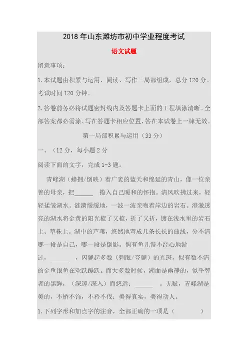 2018年山东潍坊市中考语文试卷含答案