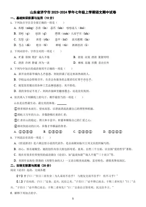 山东省济宁市2023-2024学年七年级上学期语文期中考试试卷(含答案)