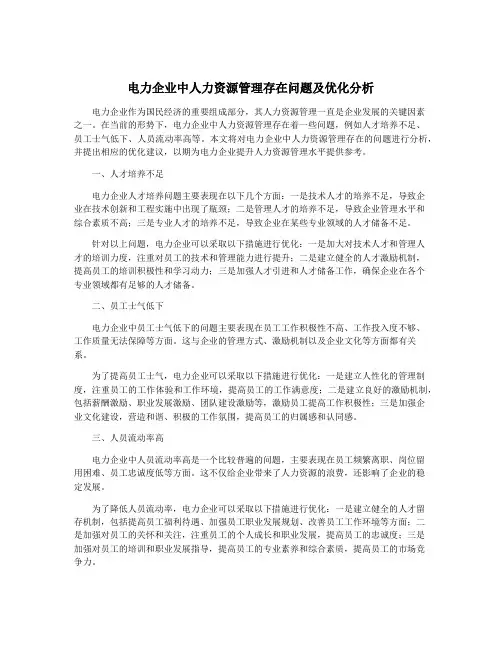 电力企业中人力资源管理存在问题及优化分析