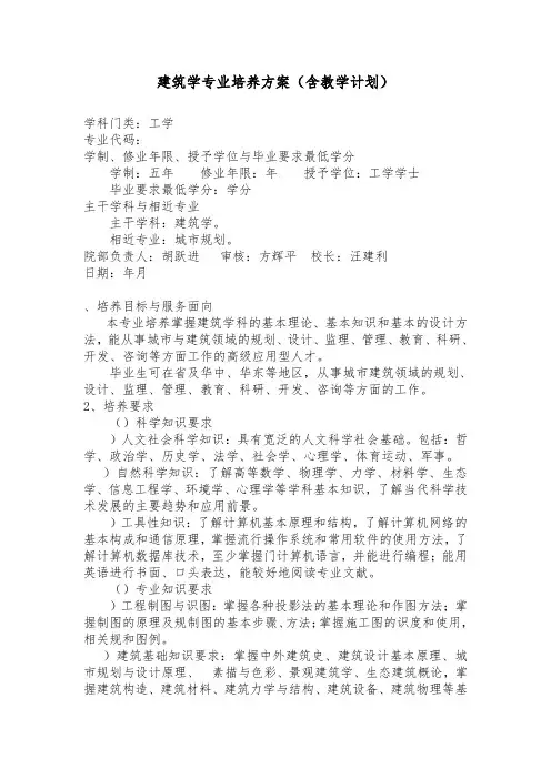 建筑学专业培养方案含教学计划