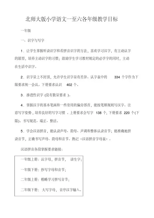 北师大版小学语文一至六各年级教学目标说课讲解