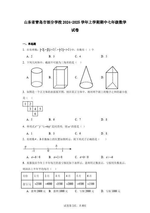 山东省青岛市部分学校2024-2025学年上学期期中七年级数学试卷