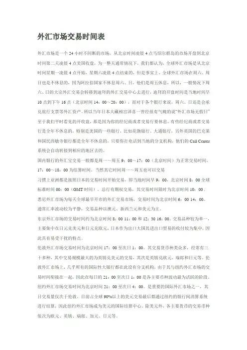 外汇市场交易时间表