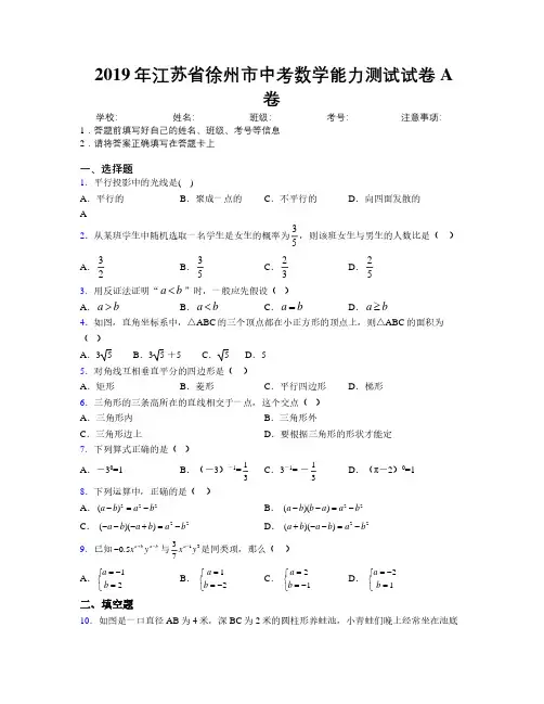 2019年江苏省徐州市中考数学能力测试试卷A卷附解析